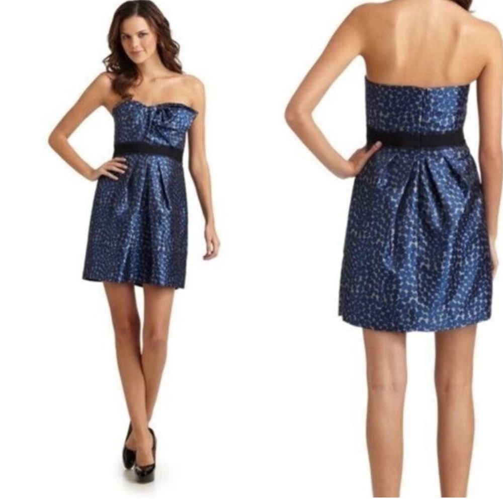 BcbgMaxAzria blue and silver polka dot dress with bow detail and black sash